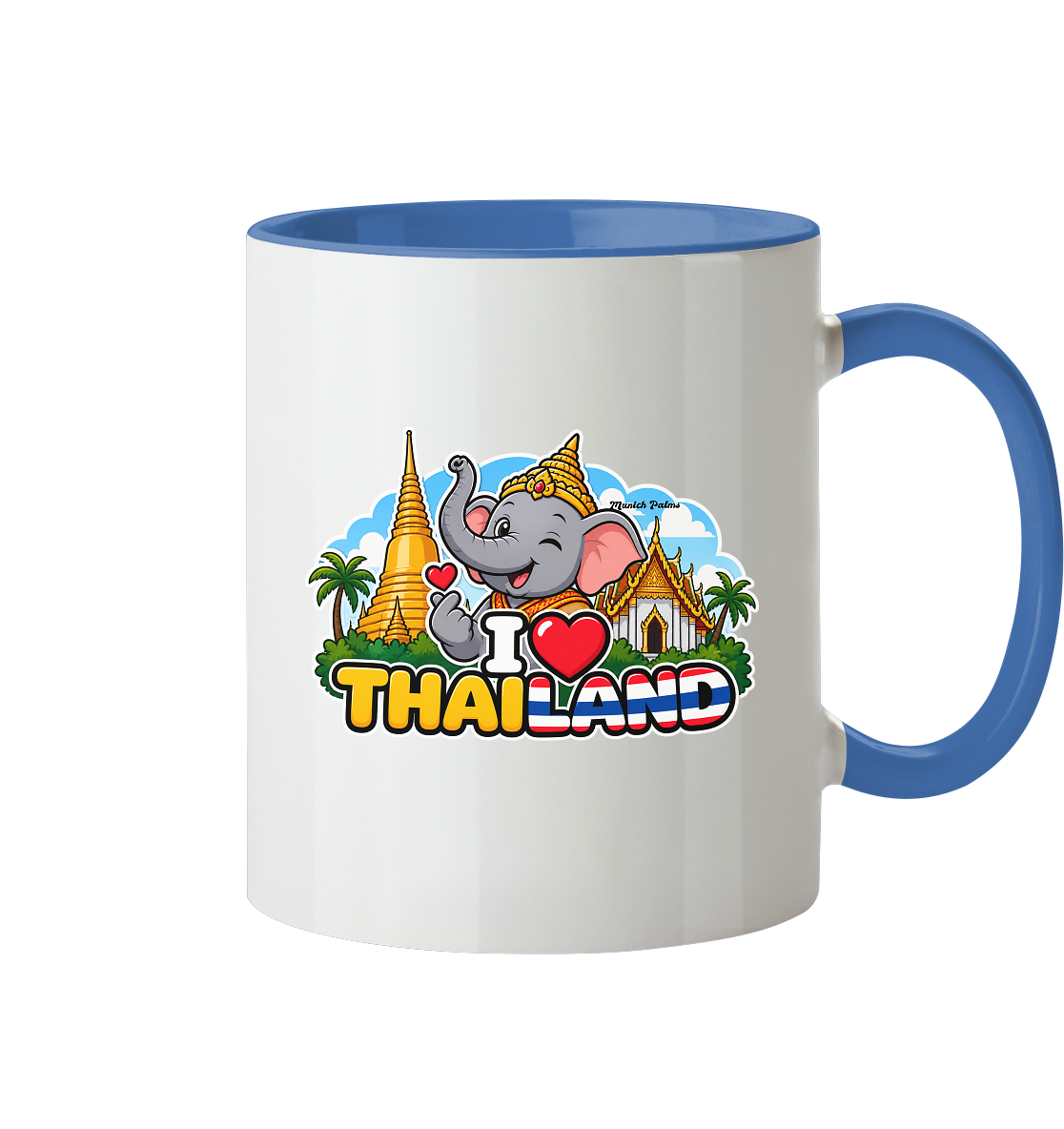 Zweifarbige Tasse mit lachendem Elefanten und Thailand-Motiv, exklusiv im Munich Palms Design, aus Trinkgefäßen.