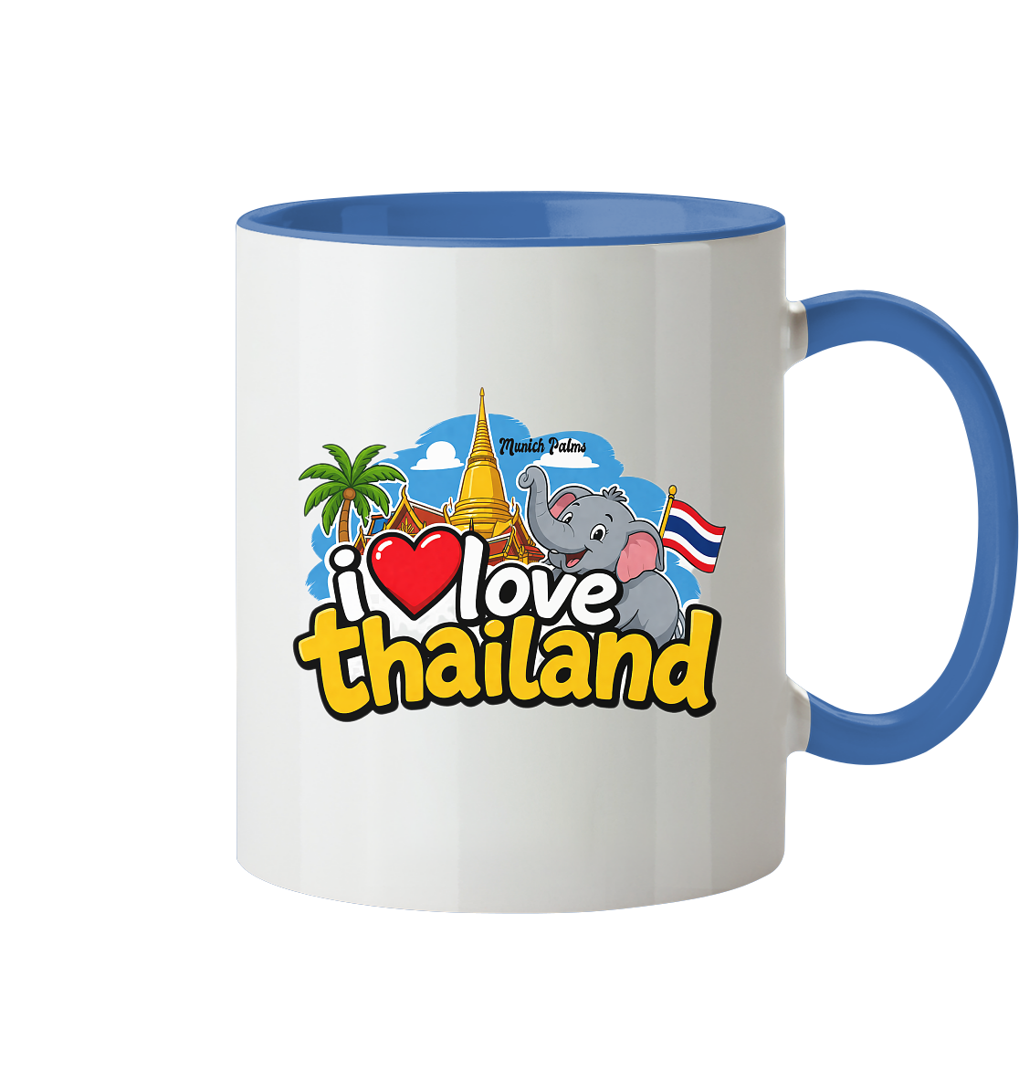 Zweifarbige Trinkgefäß-Tasse mit "I love Thailand" Aufdruck, Vorderansicht, in lebendigen Farben, modernes Design.