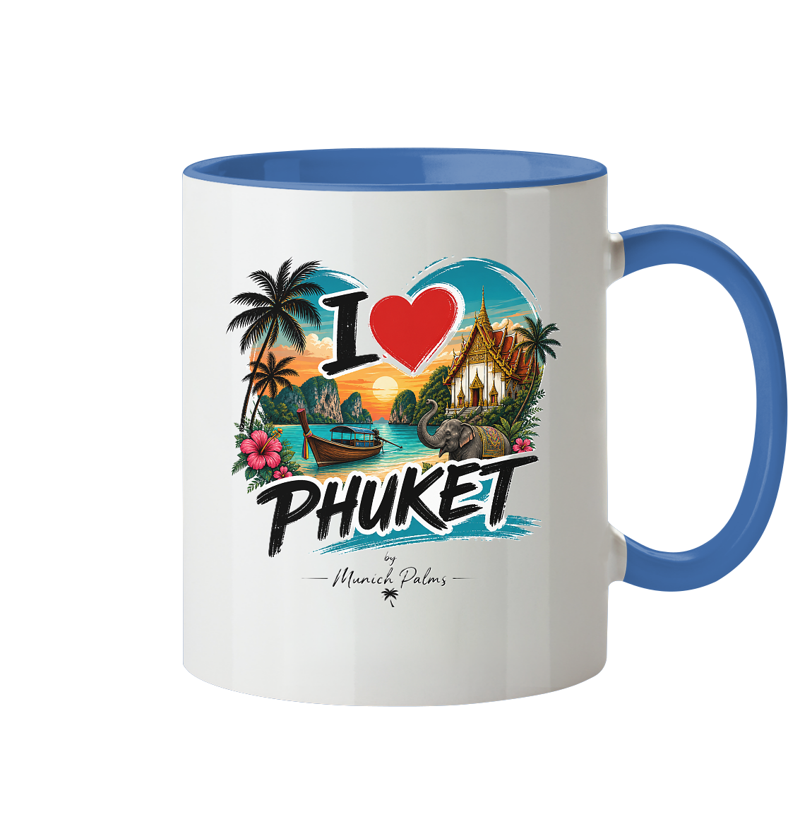 Zweifarbige "I love Phuket" Tasse, Trinkgefäß mit buntem Design, Vorderseite sichtbar, ideal für Kaffee oder Tee.