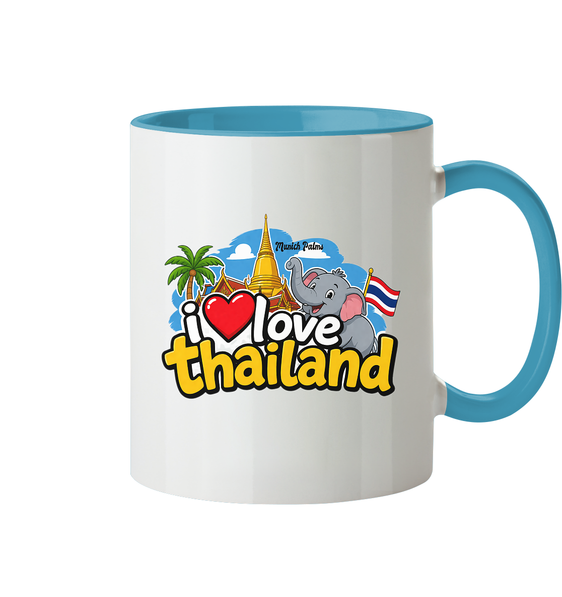 Zweifarbige I love Thailand Tasse mit buntem Schriftzug, Trinkgefäß aus Keramik, frontale Ansicht, ideal für Kaffee oder Tee
