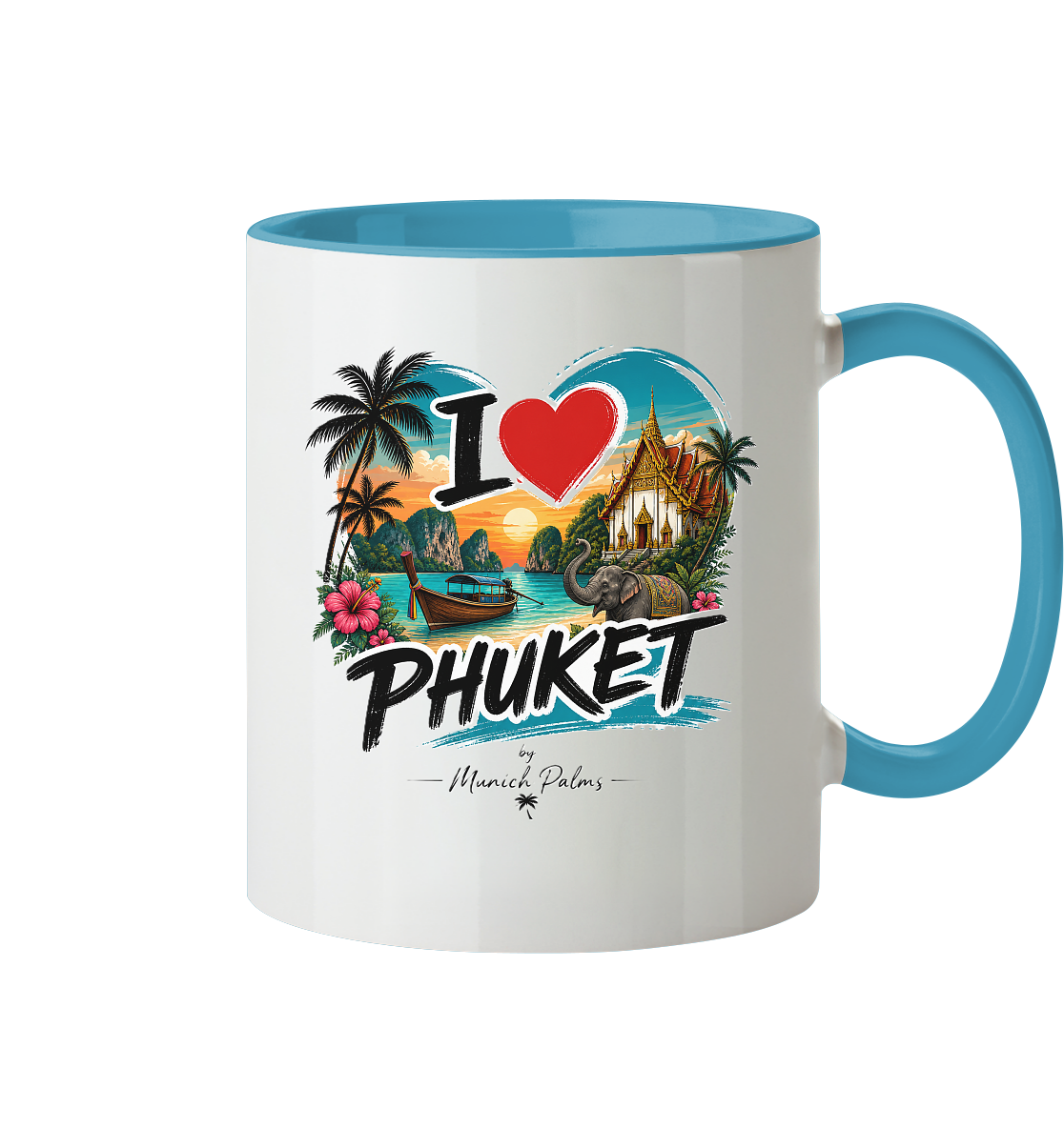 Zweifarbige Trinkgefäß-Tasse mit "I love Phuket" Schriftzug, weiß-blaues Design, ideal zum Kaffee trinken, Blick auf die Vorderseite.