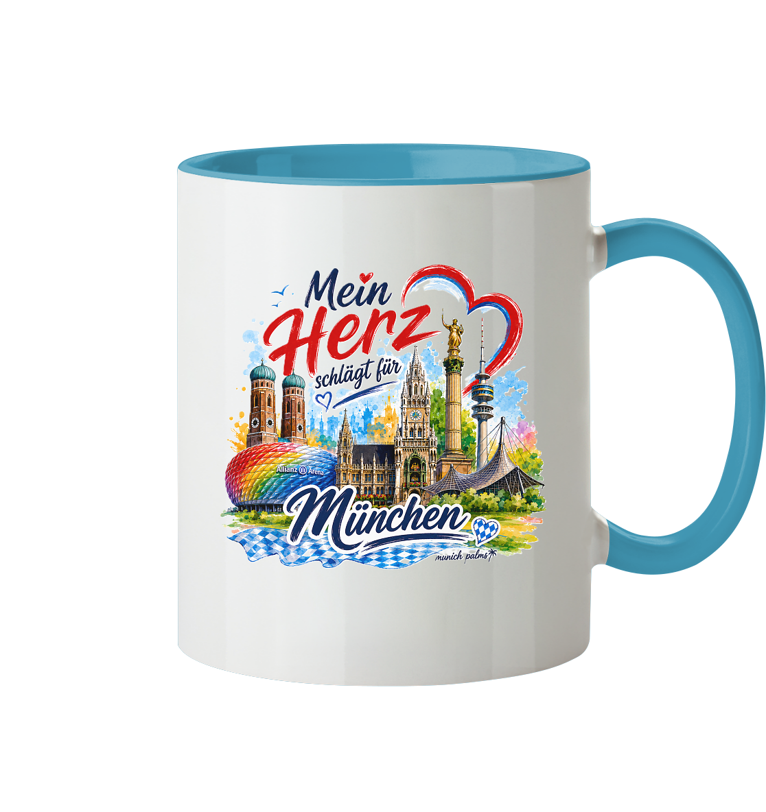 Zweifarbige Tasse mit München-Wahrzeichen und buntem München-Design, perfekt für Fans von Munich Palms und Trinkgefäßen.