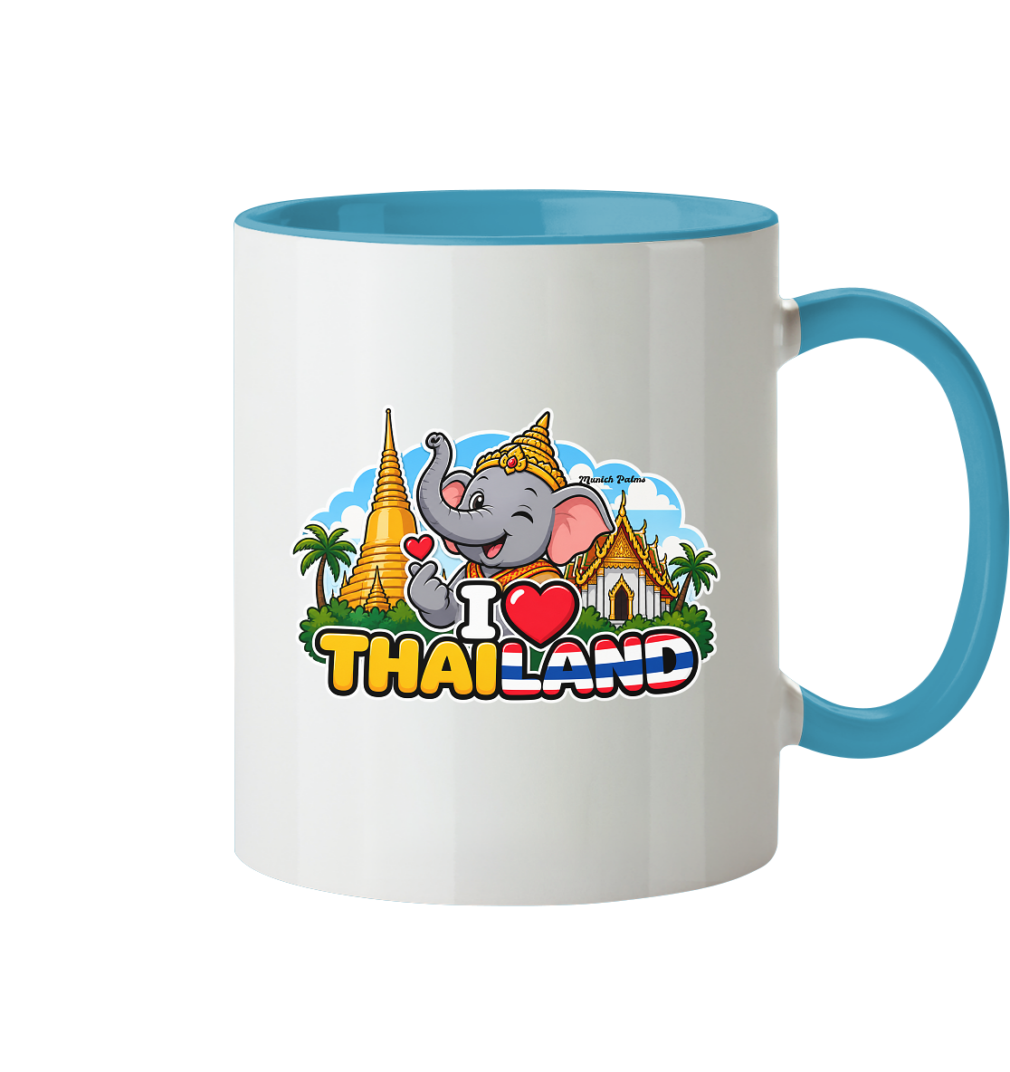Zweifarbige Tasse mit lachendem Elefanten im Thailand-Design, Munich Palms, Trinkgefäß, von Online Kaufhaus München