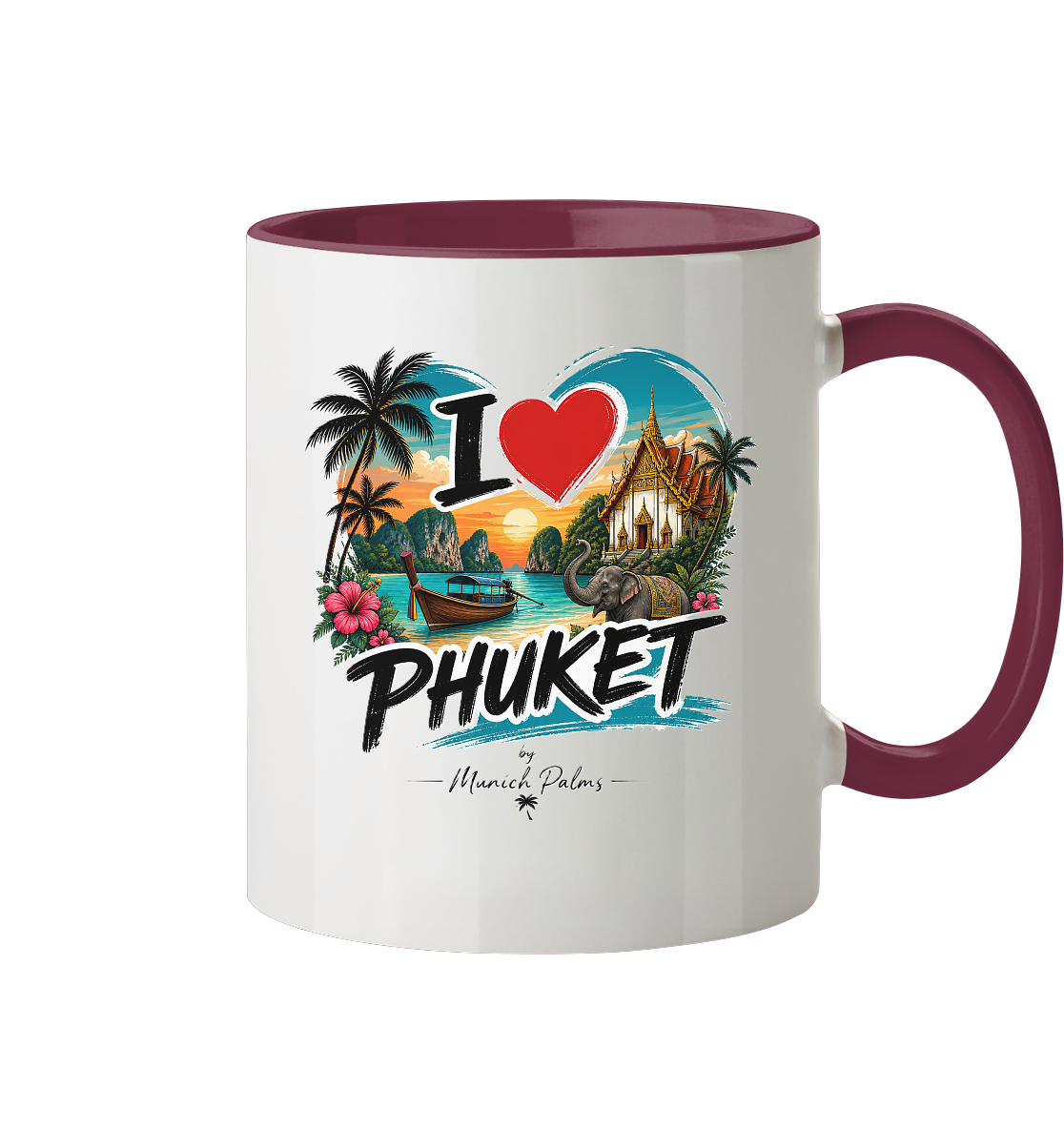 Zweifarbige Trinkgefäß-Tasse mit "I love Phuket" Aufdruck, aus Keramik, frontalansicht, ideal für Kaffee oder Tee.