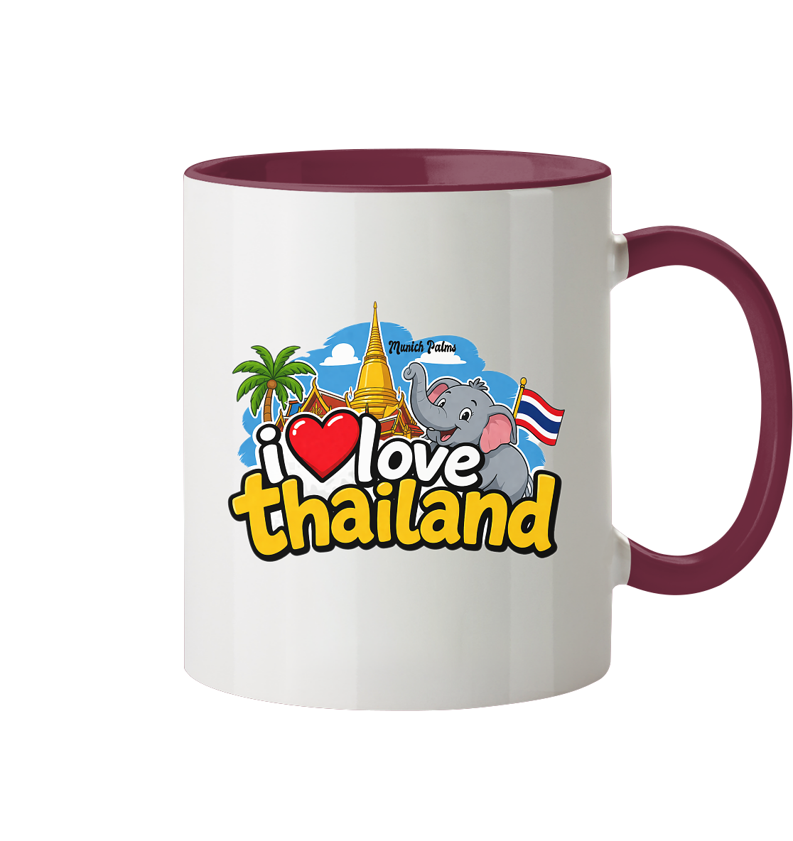 Zweifarbige Tasse mit "I love Thailand" Aufschrift, Trinkgefäß aus Keramik, frontale Ansicht, bunte Gestaltung.