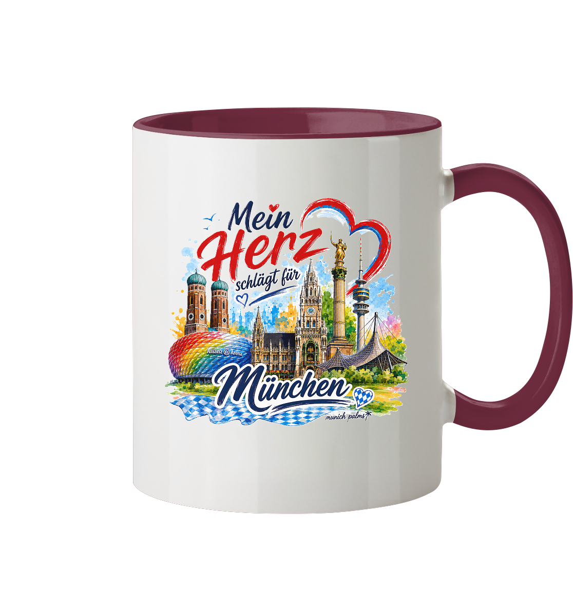 Zweifarbige Tasse mit München-Design, Herz und Wahrzeichen, ideal für Fans von München, von Munich Palms, im Frontansicht.