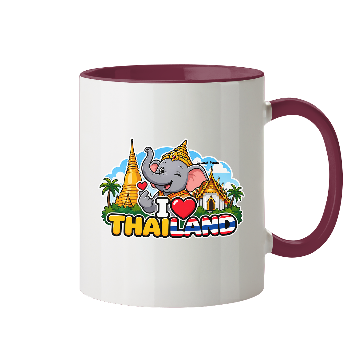 Zweifarbige Tasse mit lachendem Elefanten und Thailand-Motiv im exklusiven Munich Palms Design, Trinkgefäß, Frontansicht