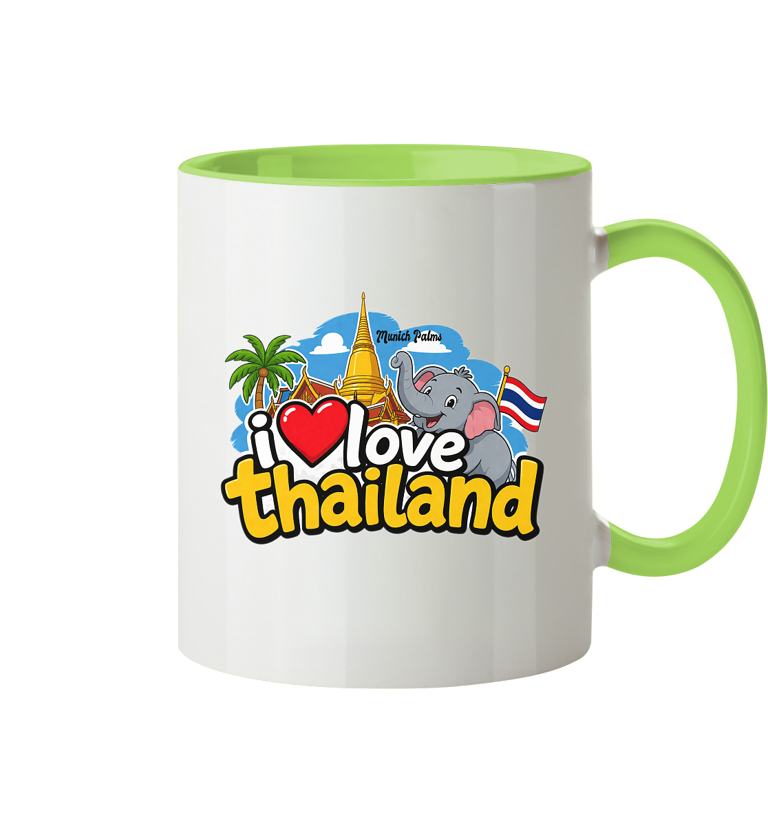 Zweifarbige Tasse mit "I love Thailand"-Design, Trinkgefäß aus Keramik, frontalansicht, ideal für Kaffee oder Tee.