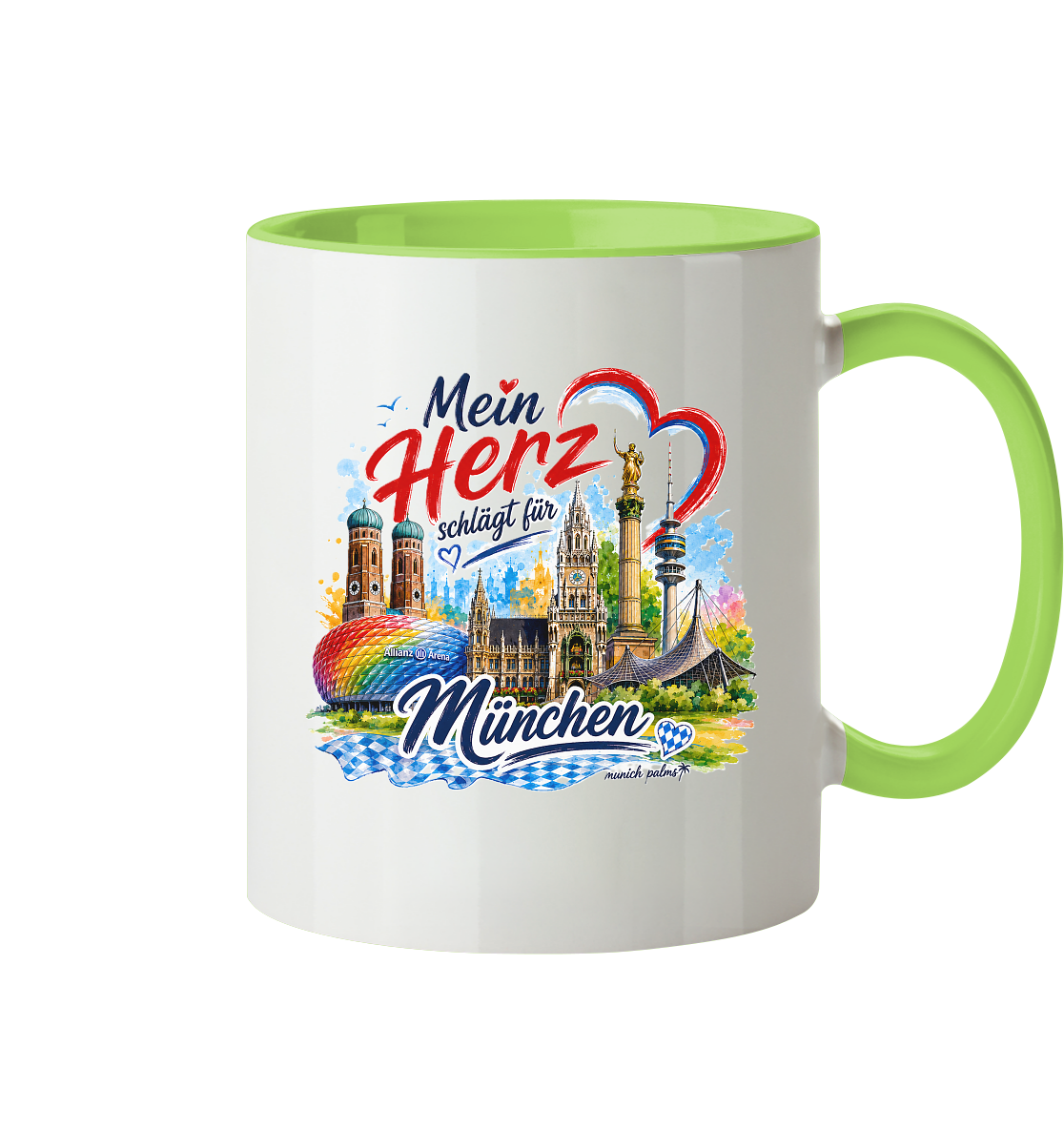 Zweifarbige Tasse mit buntem München-Design und Wahrzeichen, ideal für München-Liebhaber, von Munich Palms.