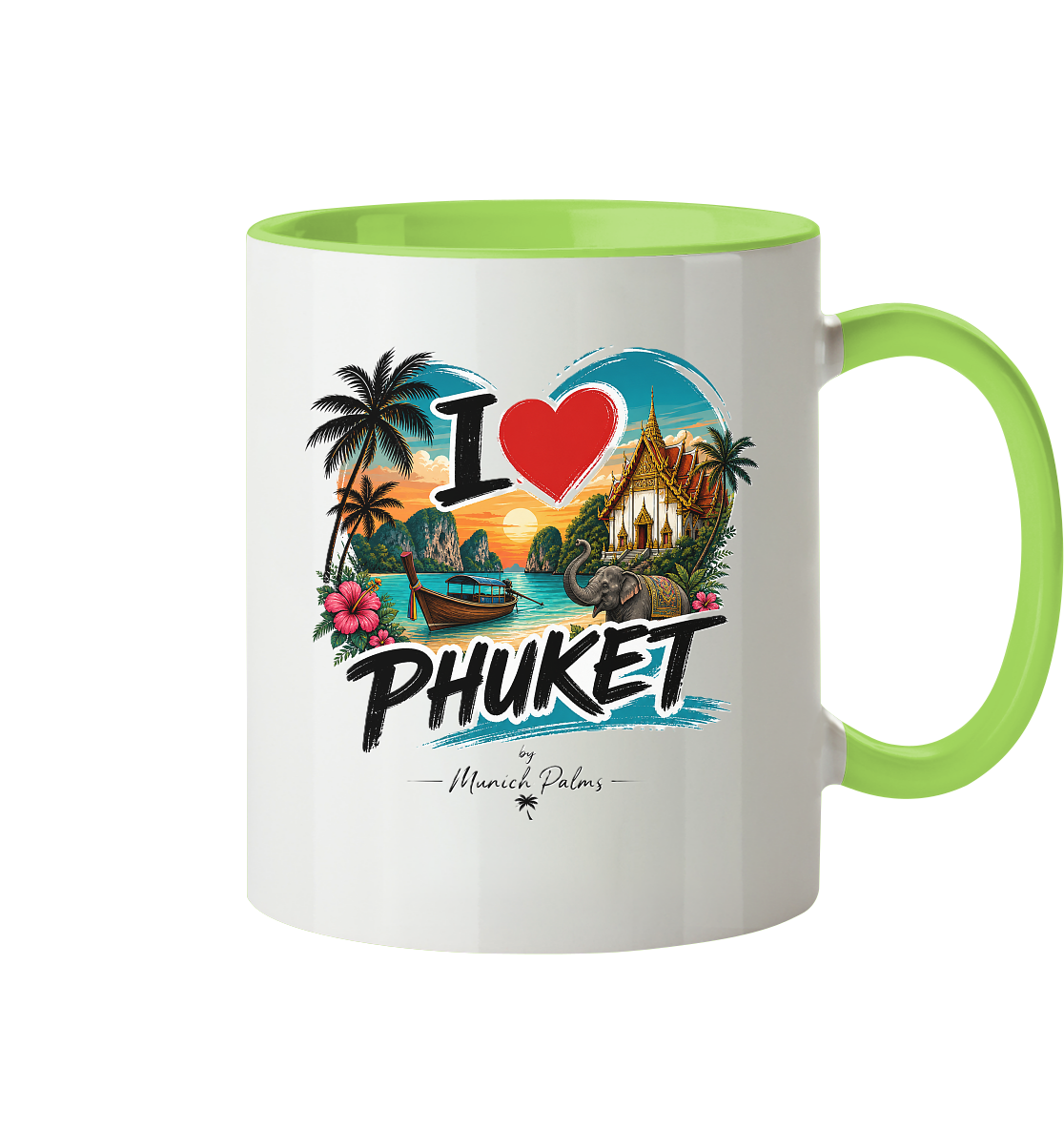 Zweifarbige Trinkgefäß-Tasse mit "I love Phuket" Schriftzug, modernes Design, Frontansicht, für Kaffee oder Tee geeignet