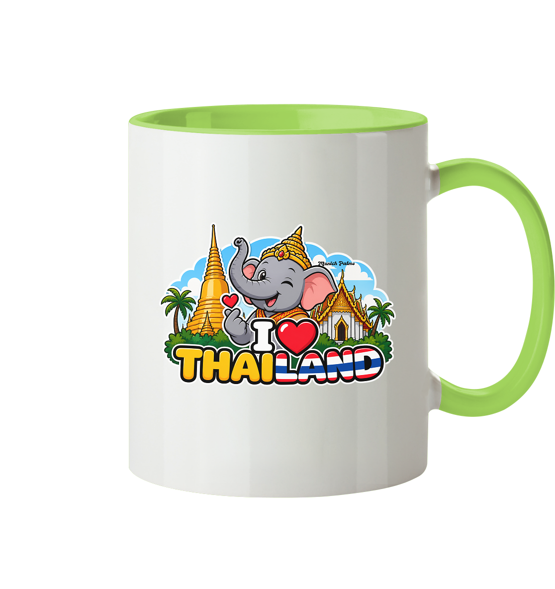 Zweifarbige Trinkgefäß-Tasse mit lächelndem Elefanten und Thailand-Motiv, exklusives Munich Palms Design, Frontansicht
