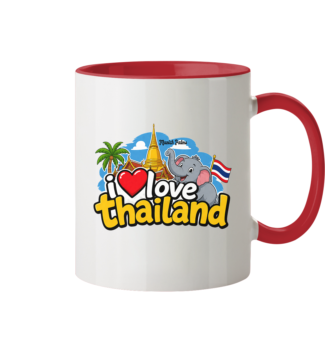 Zweifarbige Trinkgefäß-Tasse mit "I love Thailand"-Design, frontale Ansicht, bunte Oberfläche, ideal für Getränke.