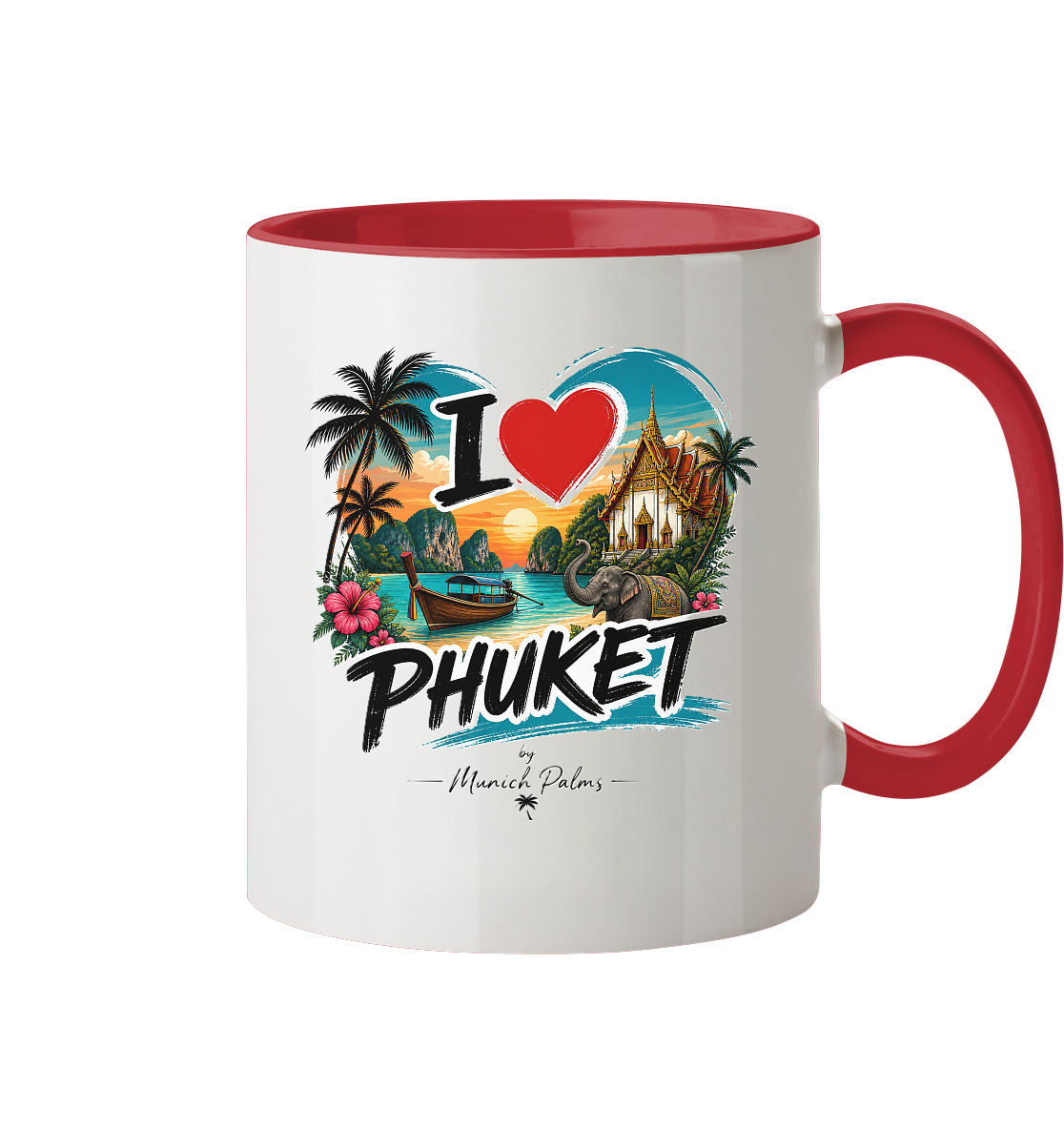 Zweifarbige I love Phuket Tasse, Trinkgefäß mit weißem und blauer Farbgestaltung, Nahaufnahme, Frontansicht