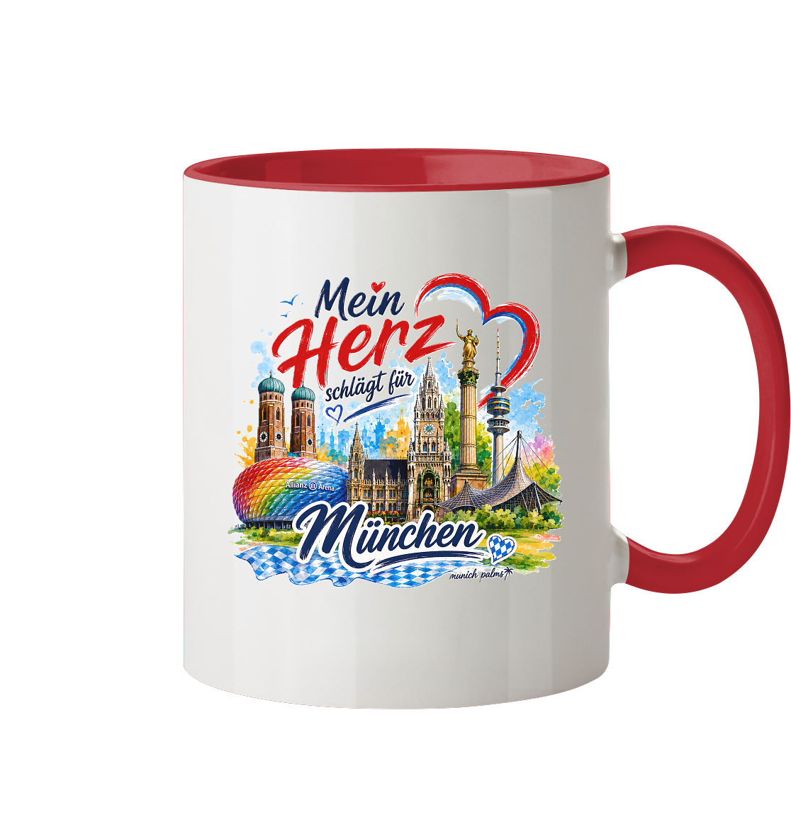 Zweifarbige Tasse mit Münchner Wahrzeichen und buntem München Design, ideal für Liebhaber der bayerischen Stadt