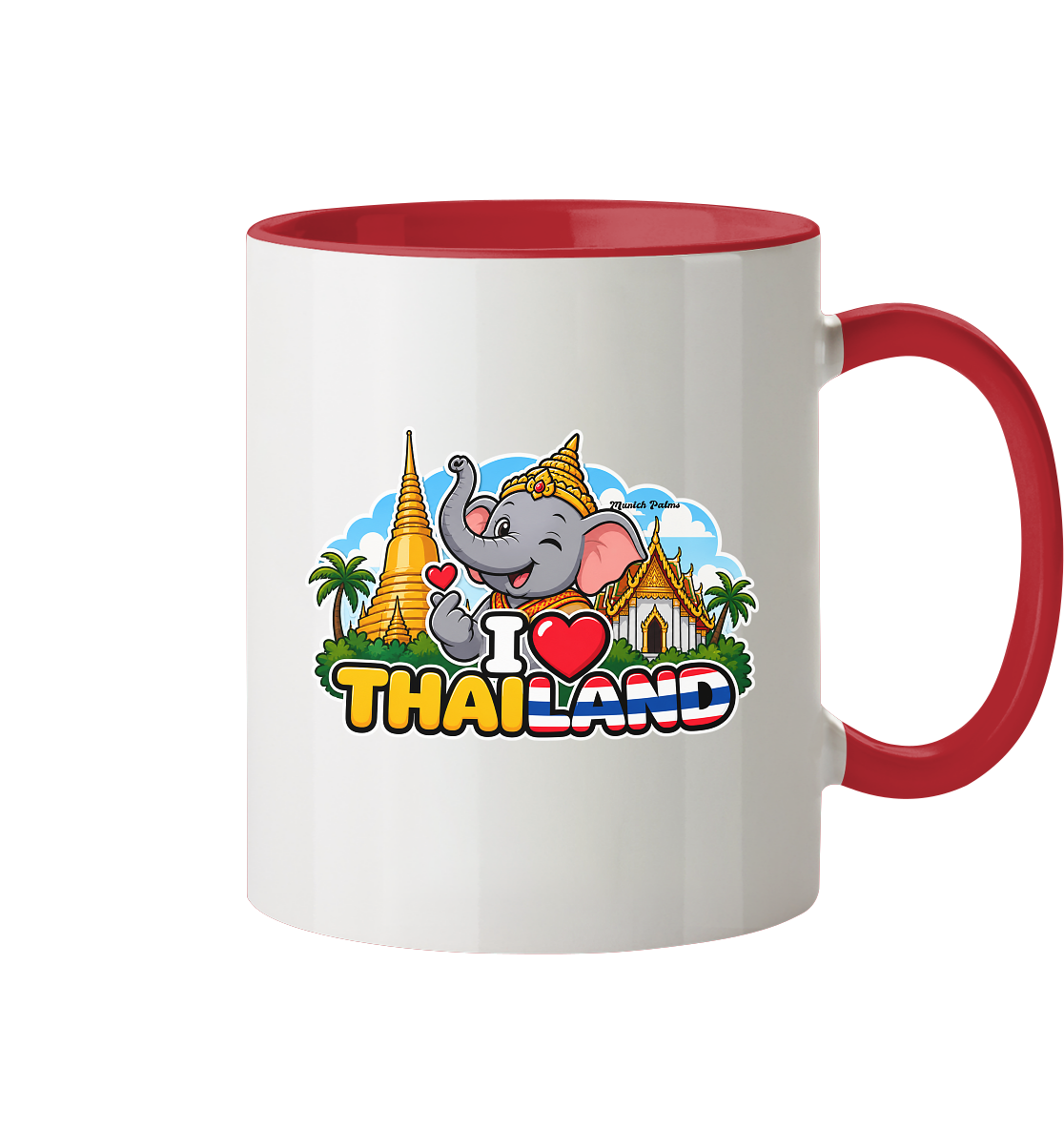 Zweifarbige Trinkgefäß-Tasse mit Elefanten-Design "I Love Thailand" im Munich Palms Stil, vorne sichtbar, von Online Kaufhaus München