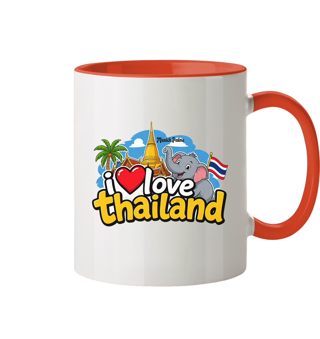 Zweifarbige Tasse mit "I love Thailand" Aufdruck, Trinkgefäß aus Keramik, weiße und blaue Farbgestaltung, Frontansicht