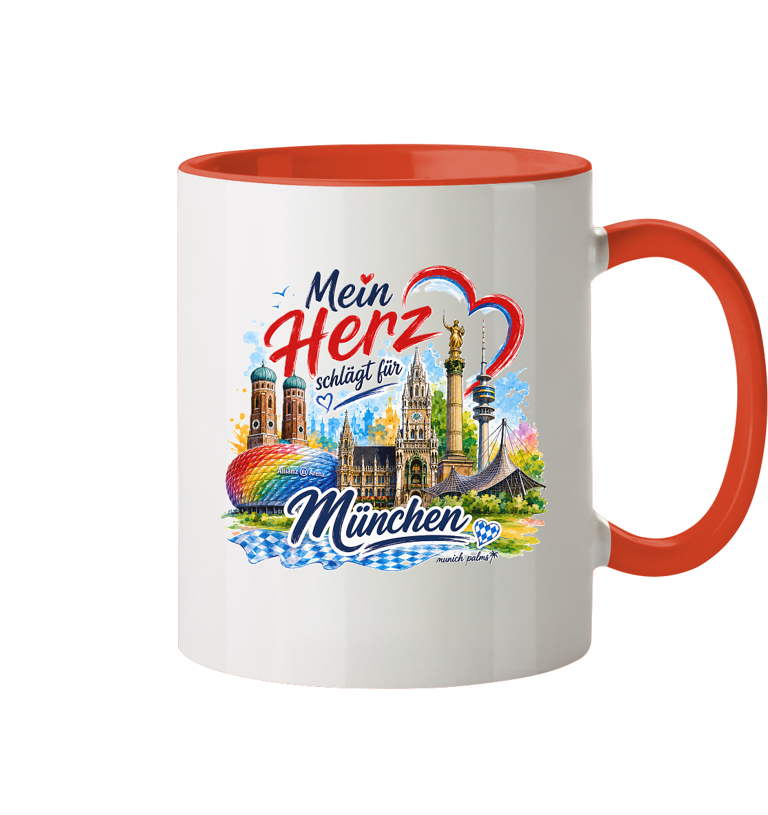 Zweifarbige Tasse mit Münchner Wahrzeichen und Herz-Design, ideal als Trinkgefäß im bunten München Look.