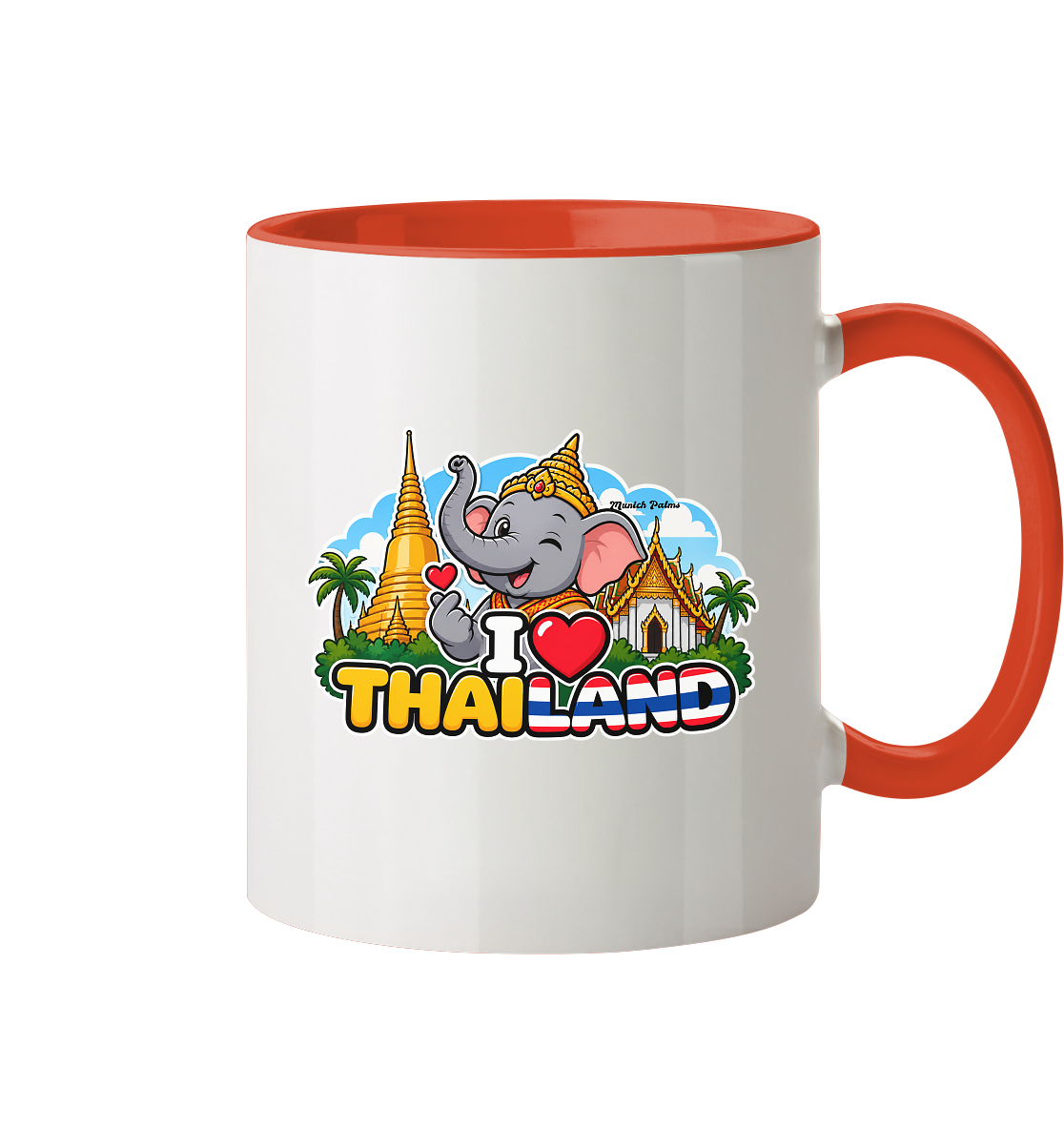 Zweifarbige Tasse mit lachendem Elefanten und Thailand-Motiv, exklusives Munich Palms Design, Trinkgefäß von Online Kaufhaus München