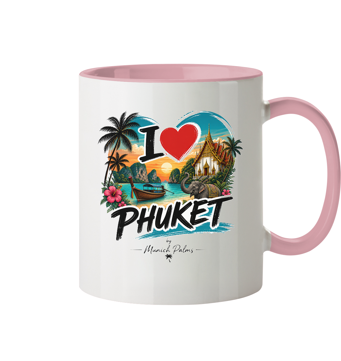 Zweifarbige I love Phuket Tasse aus Trinkgefäße, Frontansicht, mit weißem und blauer Farbgestaltung, für Kaffee oder Tee.