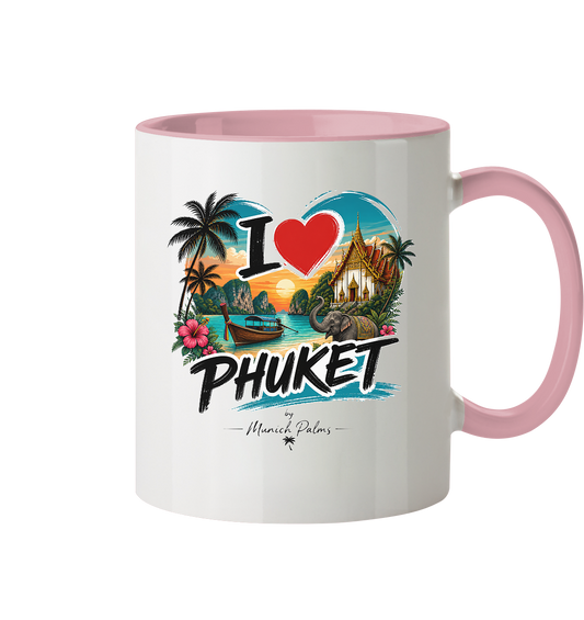 Zweifarbige I love Phuket Tasse aus Trinkgefäße, Frontansicht, mit weißem und blauer Farbgestaltung, für Kaffee oder Tee.