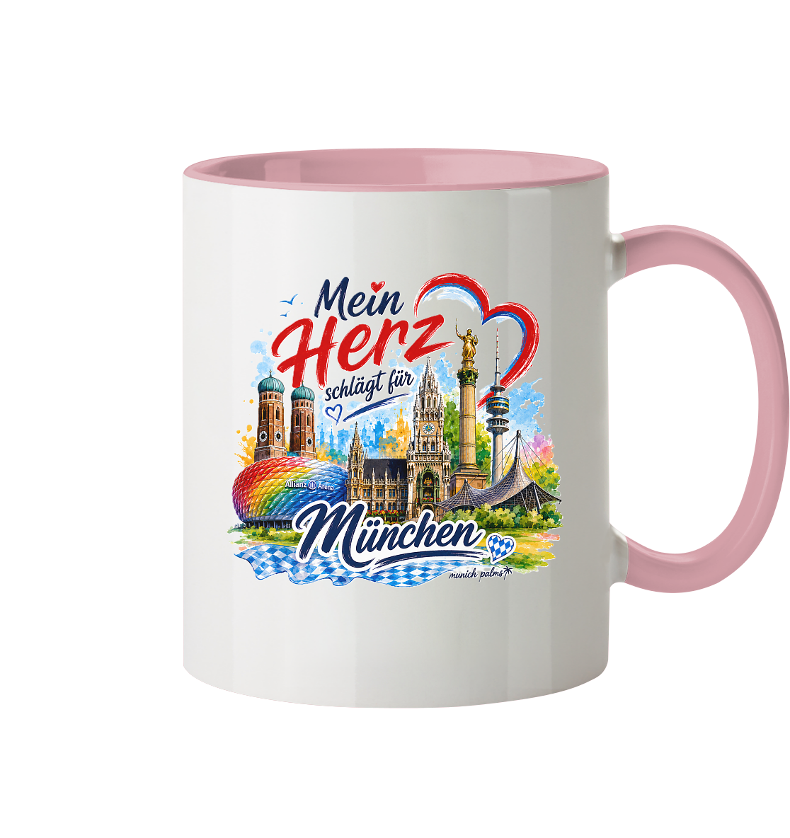 Zweifarbige Tasse mit buntem München-Design und Wahrzeichen, ideal als Trinkgefäß, von Munich Palms, im Frontansicht.