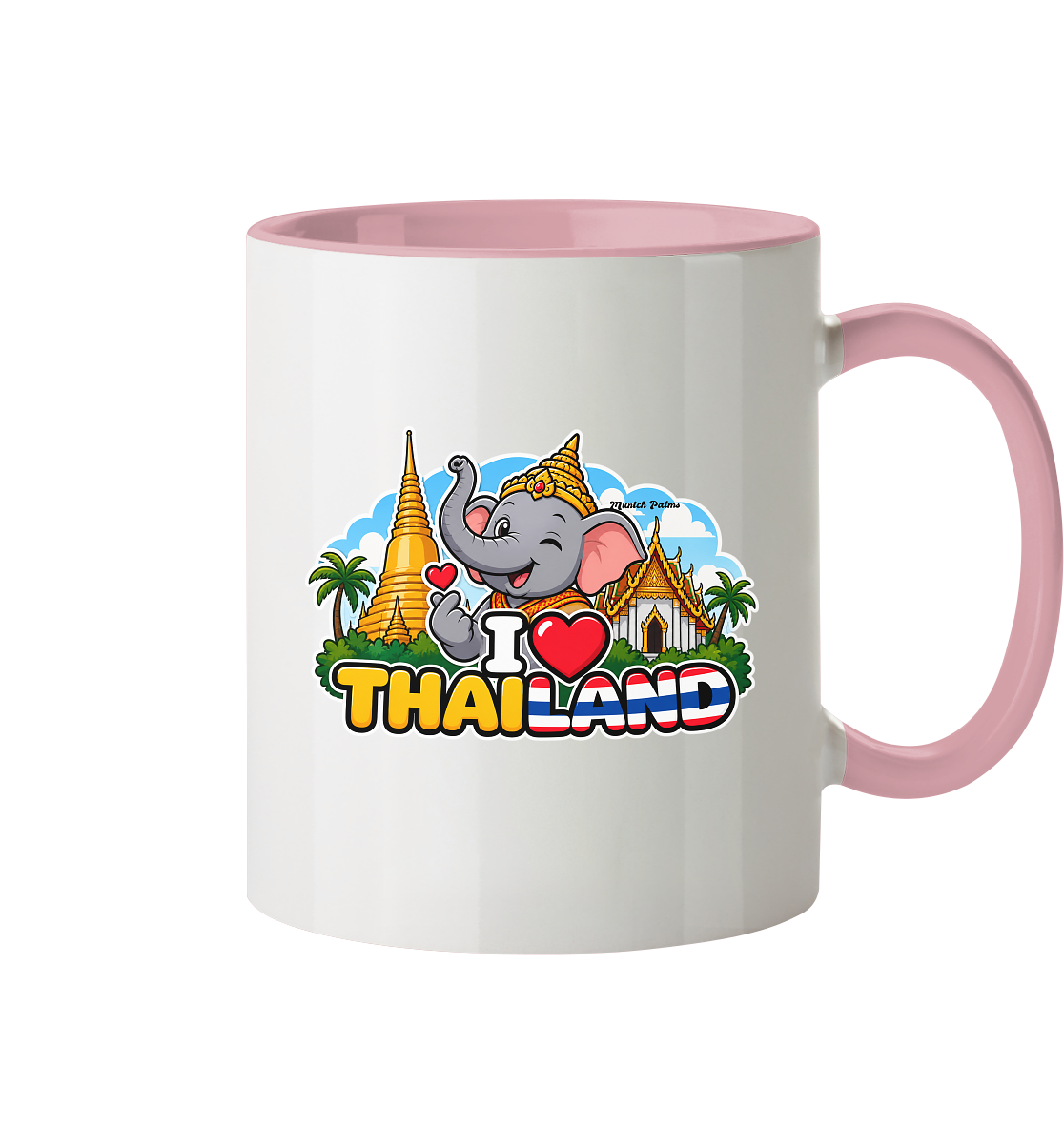 Zweifarbige Trinkgefäß-Tasse mit lachendem Elefanten und Thailand-Design, exklusiv im Munich Palms Stil, frontale Ansicht.