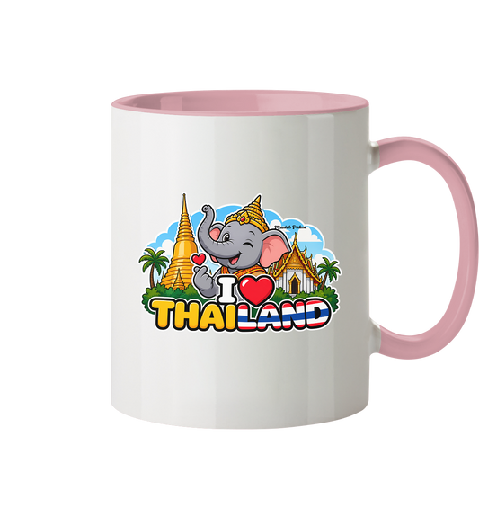 Zweifarbige Trinkgefäß-Tasse mit lachendem Elefanten und Thailand-Design, exklusiv im Munich Palms Stil, frontale Ansicht.