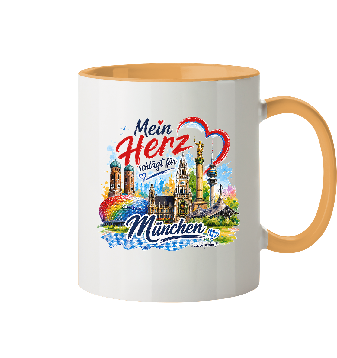 Zweifarbige Tasse mit Münchner Wahrzeichen und buntem Design, "Mein Herz schlägt für München" auf Trinkgefäß von Munich Palms.