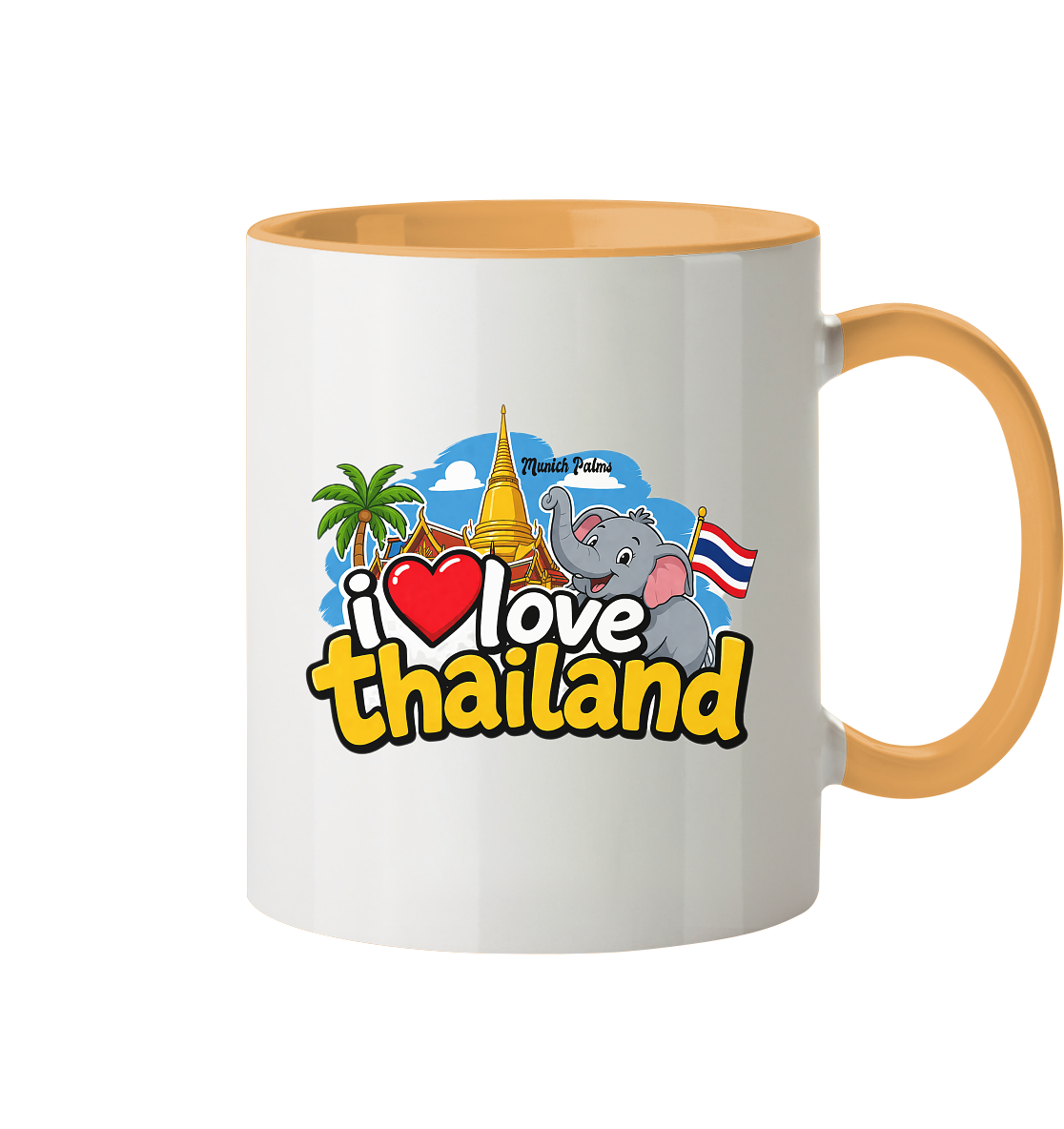 Zweifarbige I love Thailand Tasse mit buntem Design, ideal als Trinkgefäß, im Vordergrund sichtbar, von Online Kaufhaus München