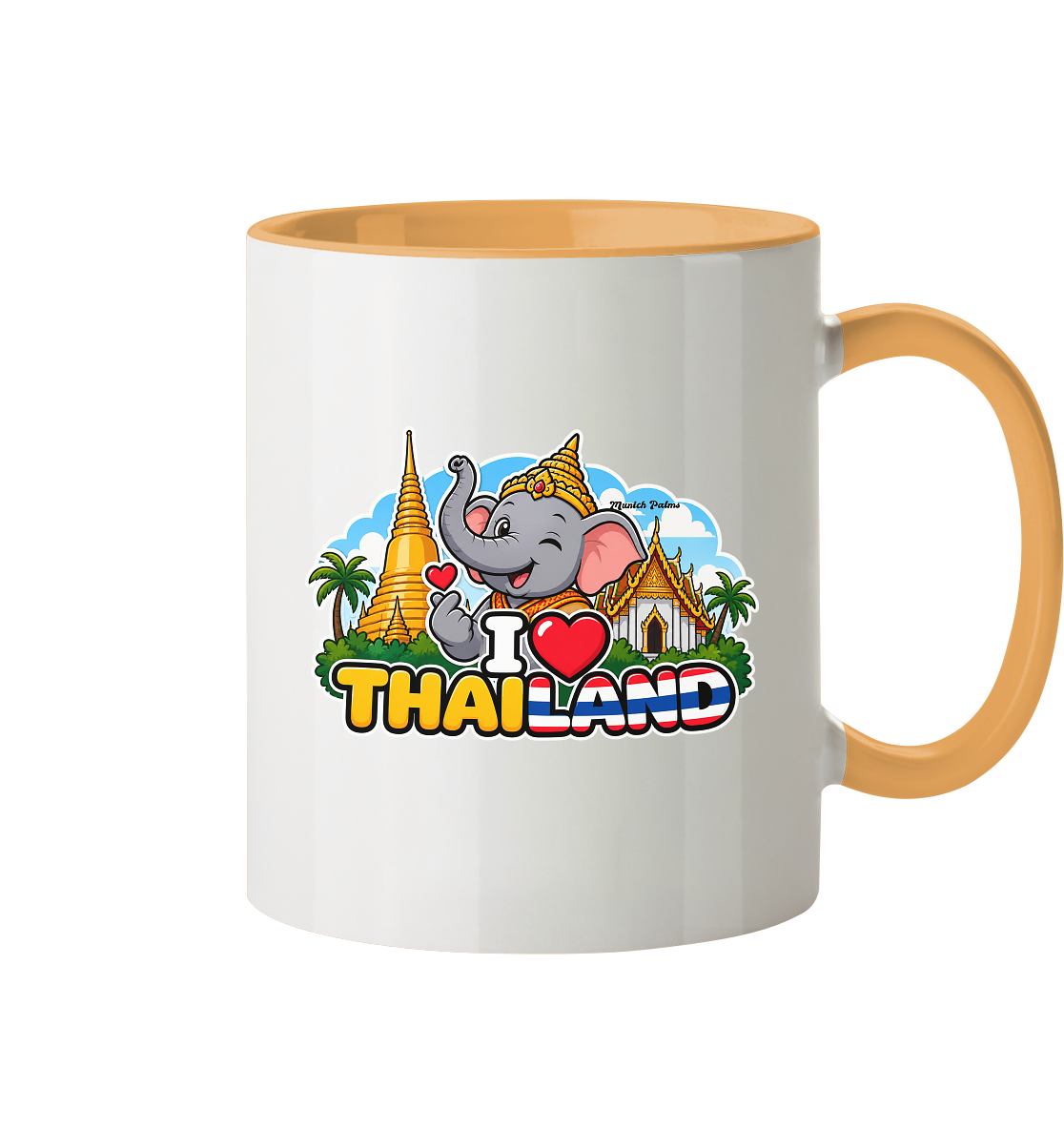 Zweifarbige Tasse mit lachendem Elefanten im Thailand-Design, Munich Palms, Trinkgefäß, exklusive Emaillierung, online gekauft