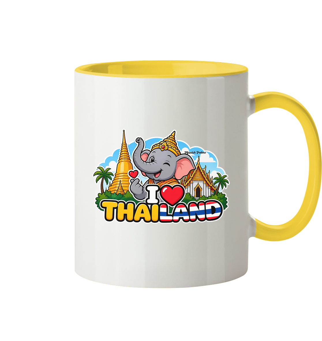 Zweifarbige Trinkgefäß-Tasse mit lachendem Elefanten und Thailand-Motiv im Munich Palms Design, frontale Ansicht