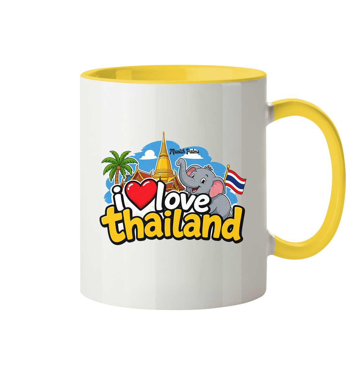 Zweifarbige I love Thailand Tasse, Trinkgefäß, mit stilvollem Schriftzug, vor hellem Hintergrund, dekoratives Kaffee- oder Teegeschirr
