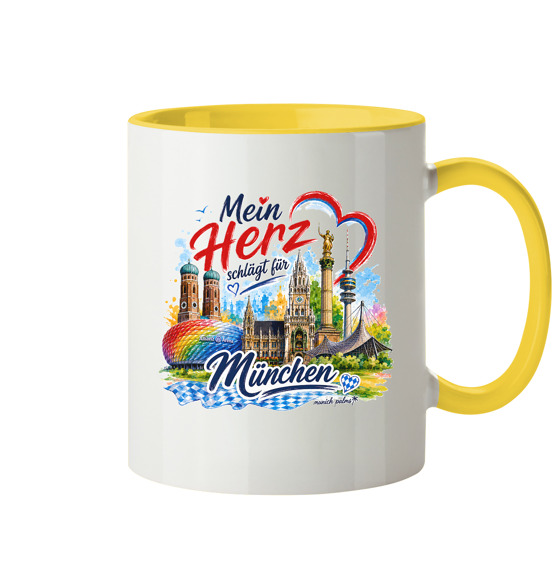 Bunte zweifarbige Tasse mit Münchner Wahrzeichen und Herzdesign, ideal als Trinkgefäß von Munich Palms.
