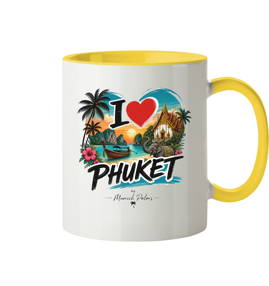 Zweifarbige "I love Phuket" Trinkgefäß, Frontansicht, Keramiktasse mit buntem Design, ideal für Kaffee oder Tee