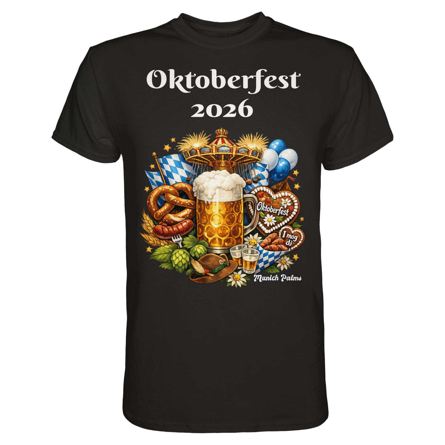 Schwarzes Unisex-T-Shirt mit Oktoberfest 2026 München Design, hochwertiges Premium-Shirt von Online Kaufhaus München.