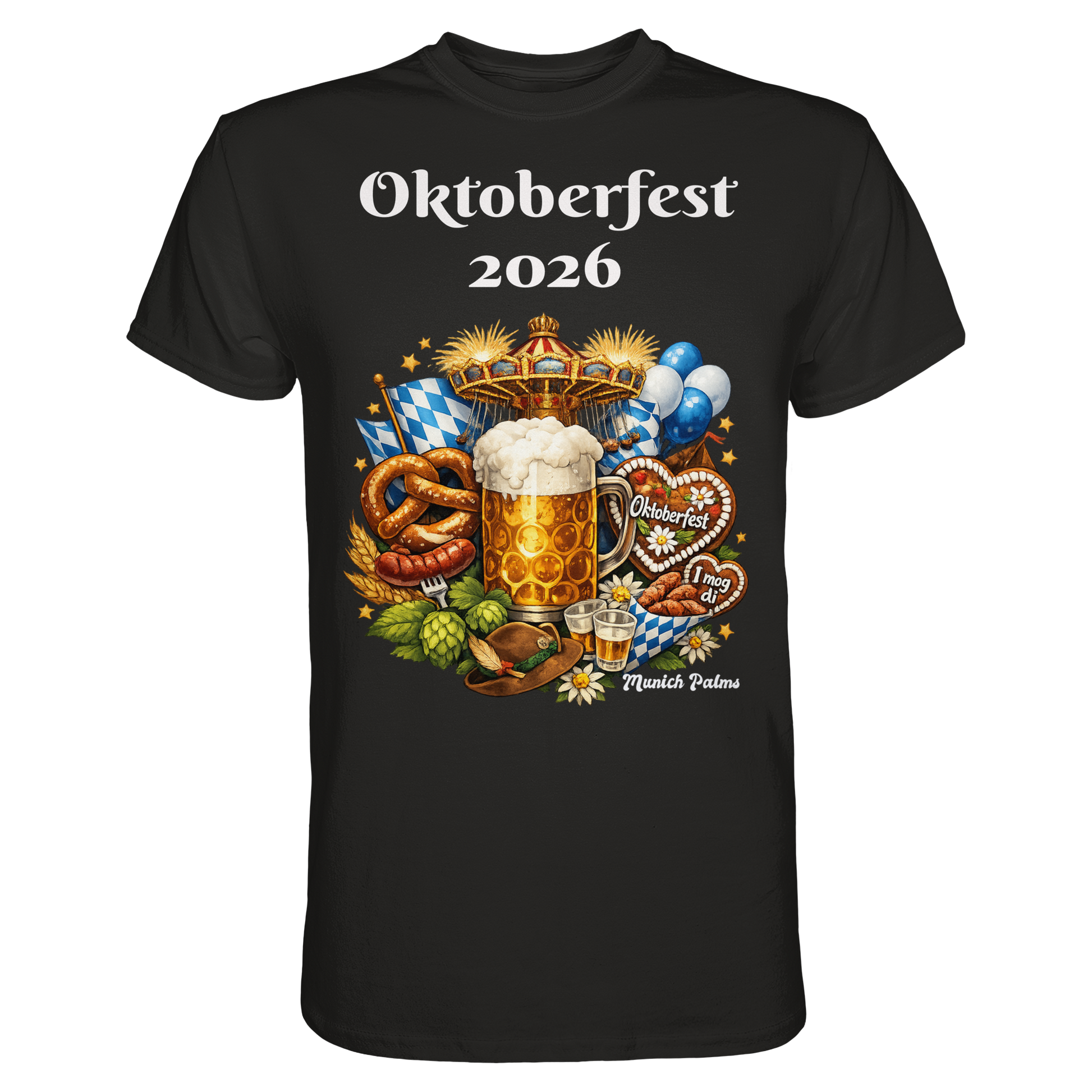 Schwarzes Unisex-T-Shirt mit Oktoberfest 2026 München Design, hochwertiges Premium-Shirt von Online Kaufhaus München.
