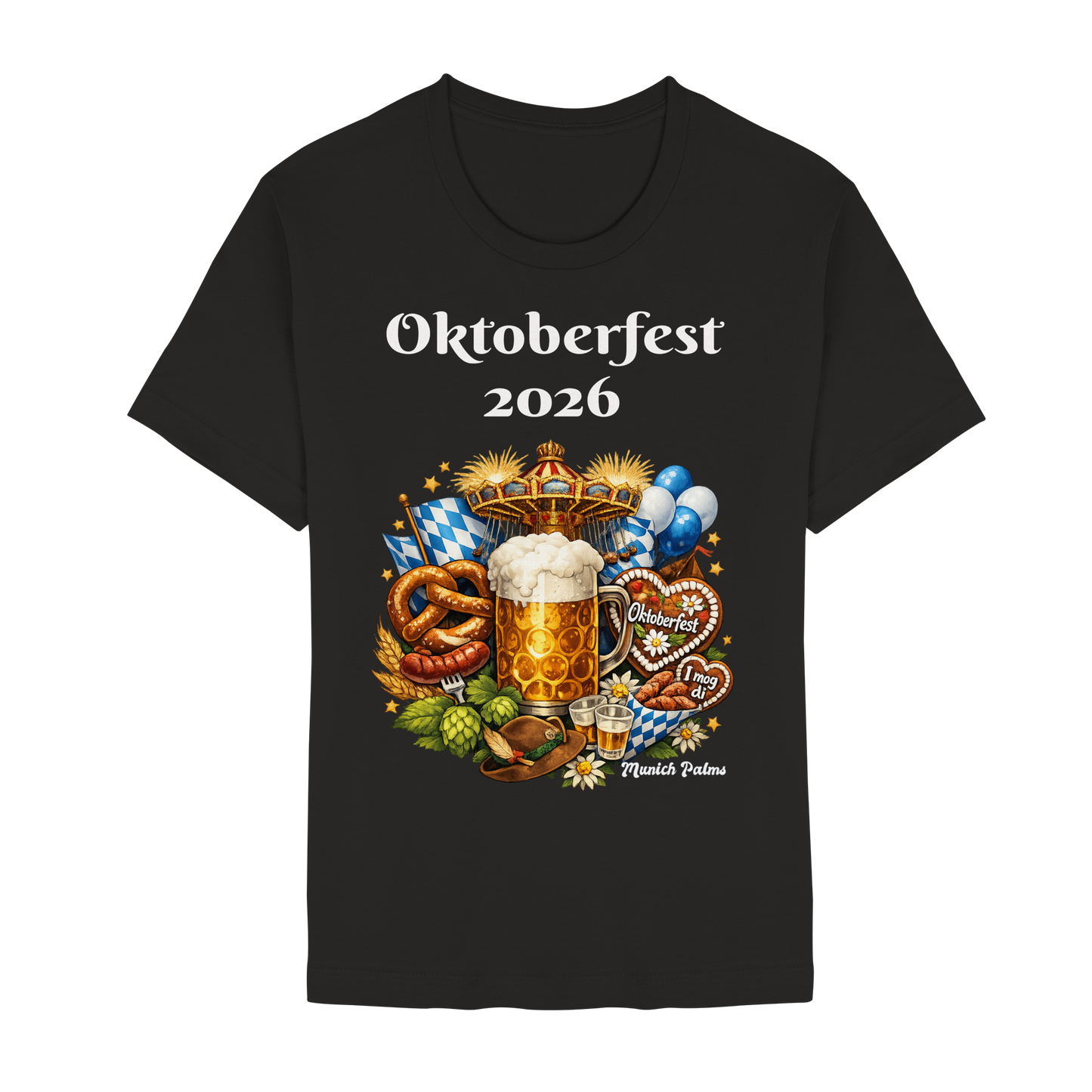 Schwarzes Unisex-T-Shirt mit Oktoberfest 2026 München Design, Essential Premium Shirt, frontansicht