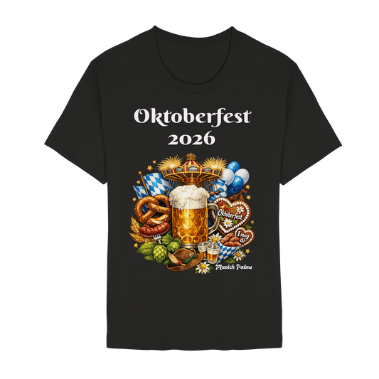 Schwarzes Unisex-T-Shirt mit Oktoberfest 2026 München Design, Essential Premium Shirt, frontansicht