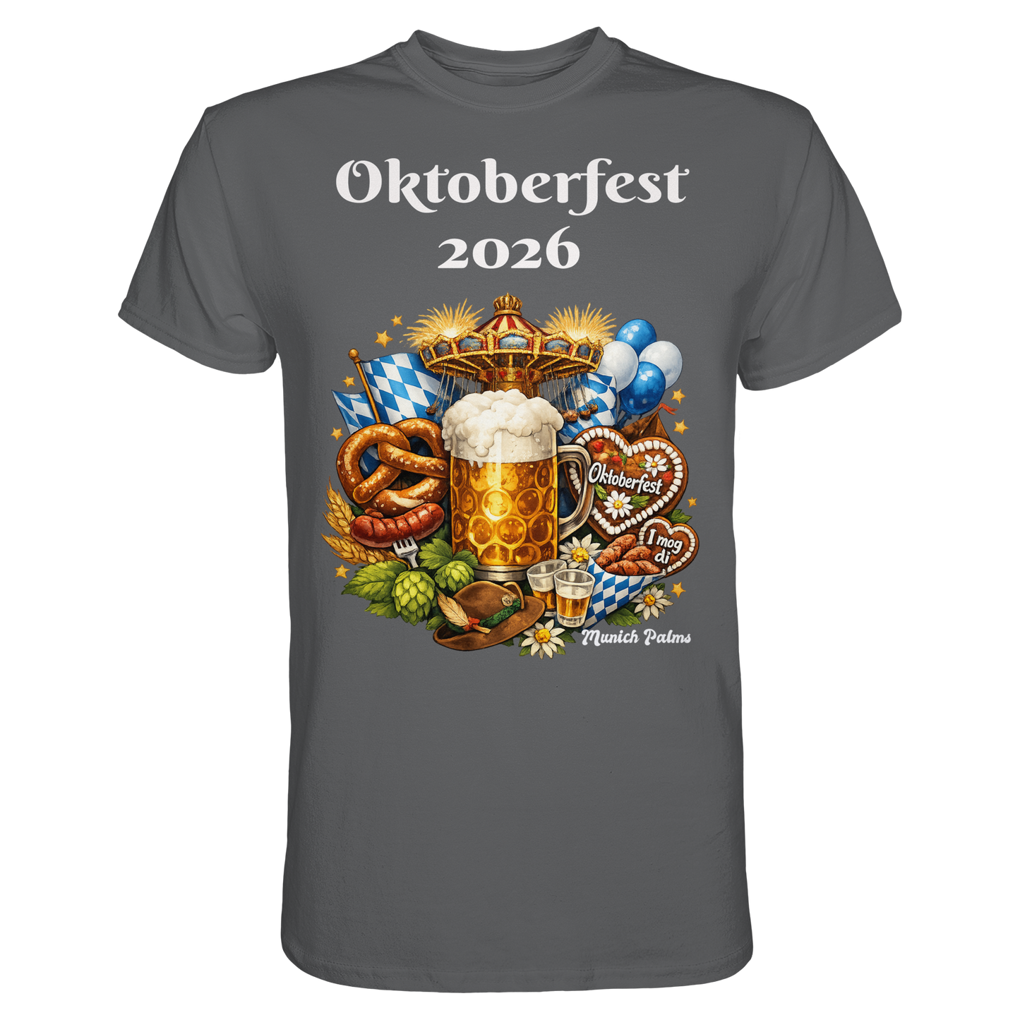 Unisex-Poloshirt von Online Kaufhaus München mit Oktoberfest 2026 Design in Dunkelgrau, hochwertiges Premium-Shirt, Frontansicht