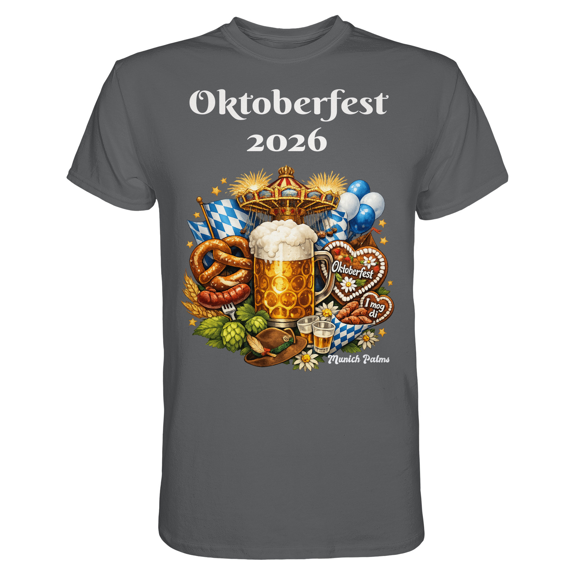 Unisex-Poloshirt von Online Kaufhaus München mit Oktoberfest 2026 Design in Dunkelgrau, hochwertiges Premium-Shirt, Frontansicht