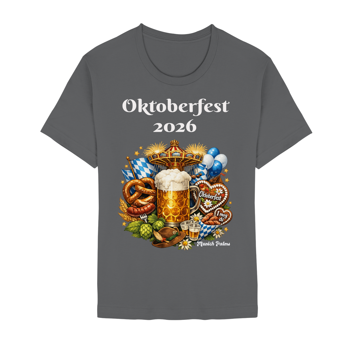 Unisex-Poloshirt in Dunkelgrau mit Oktoberfest 2026 München Design, hochwertiges Premium-Shirt, frontale Ansicht