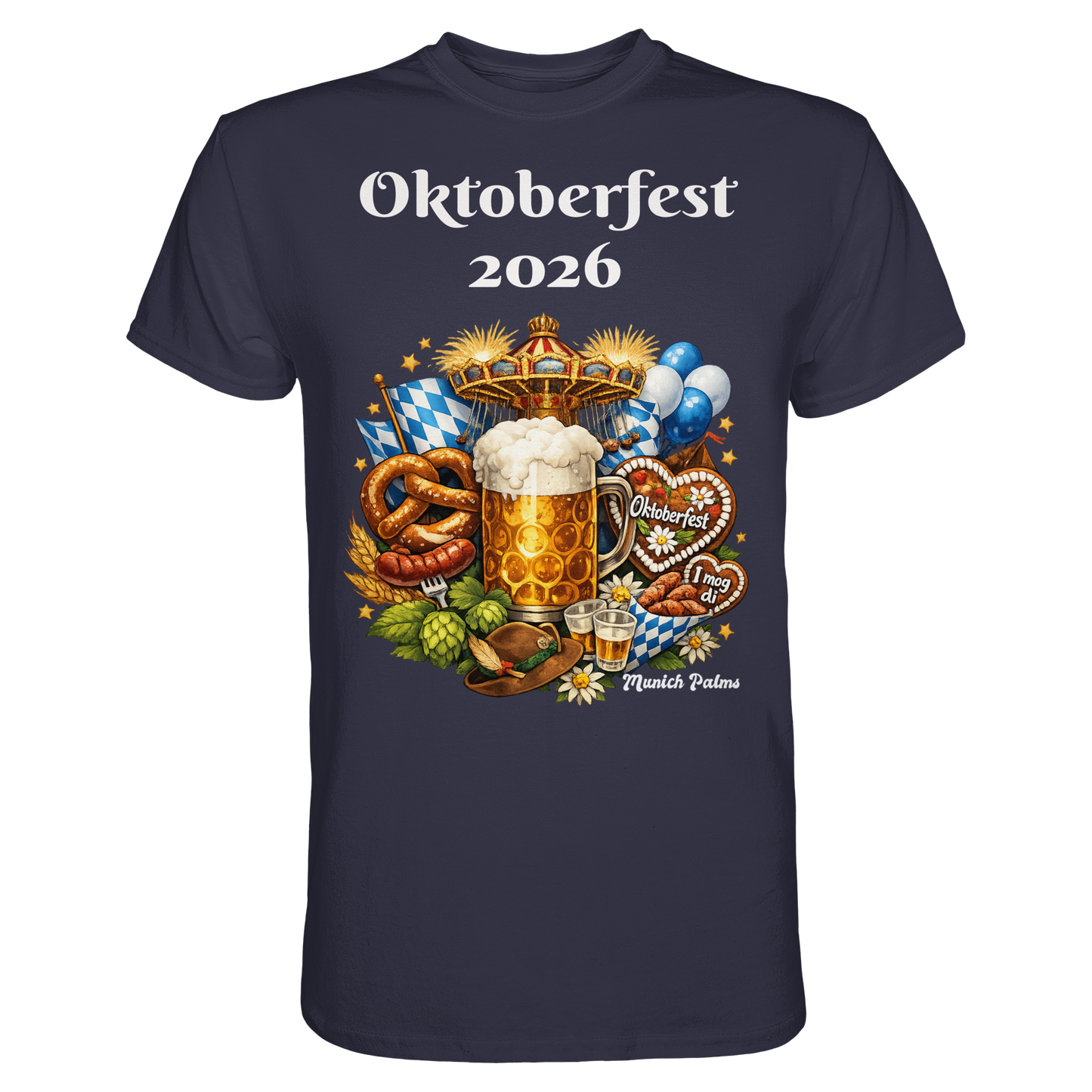 Unisex Essential Premium Shirt mit Oktoberfest 2026 Design in Navy, Vorderansicht, hochwertiges T-Shirt von Online Kaufhaus München