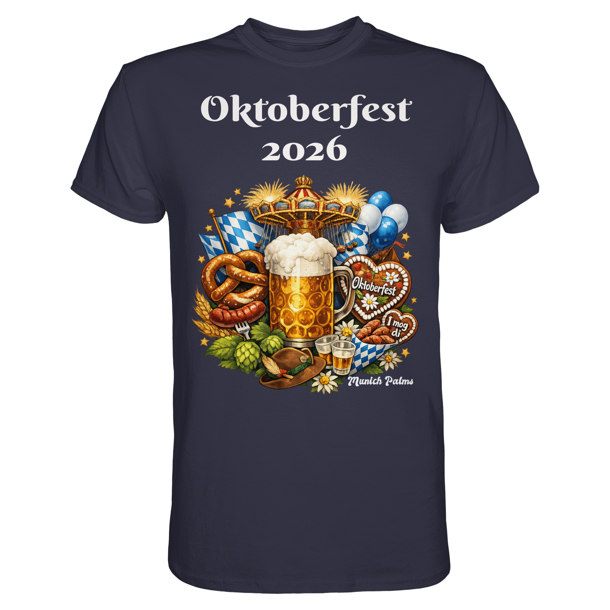Unisex Essential Premium Shirt mit Oktoberfest 2026 Design in Navy, Vorderansicht, hochwertiges T-Shirt von Online Kaufhaus München