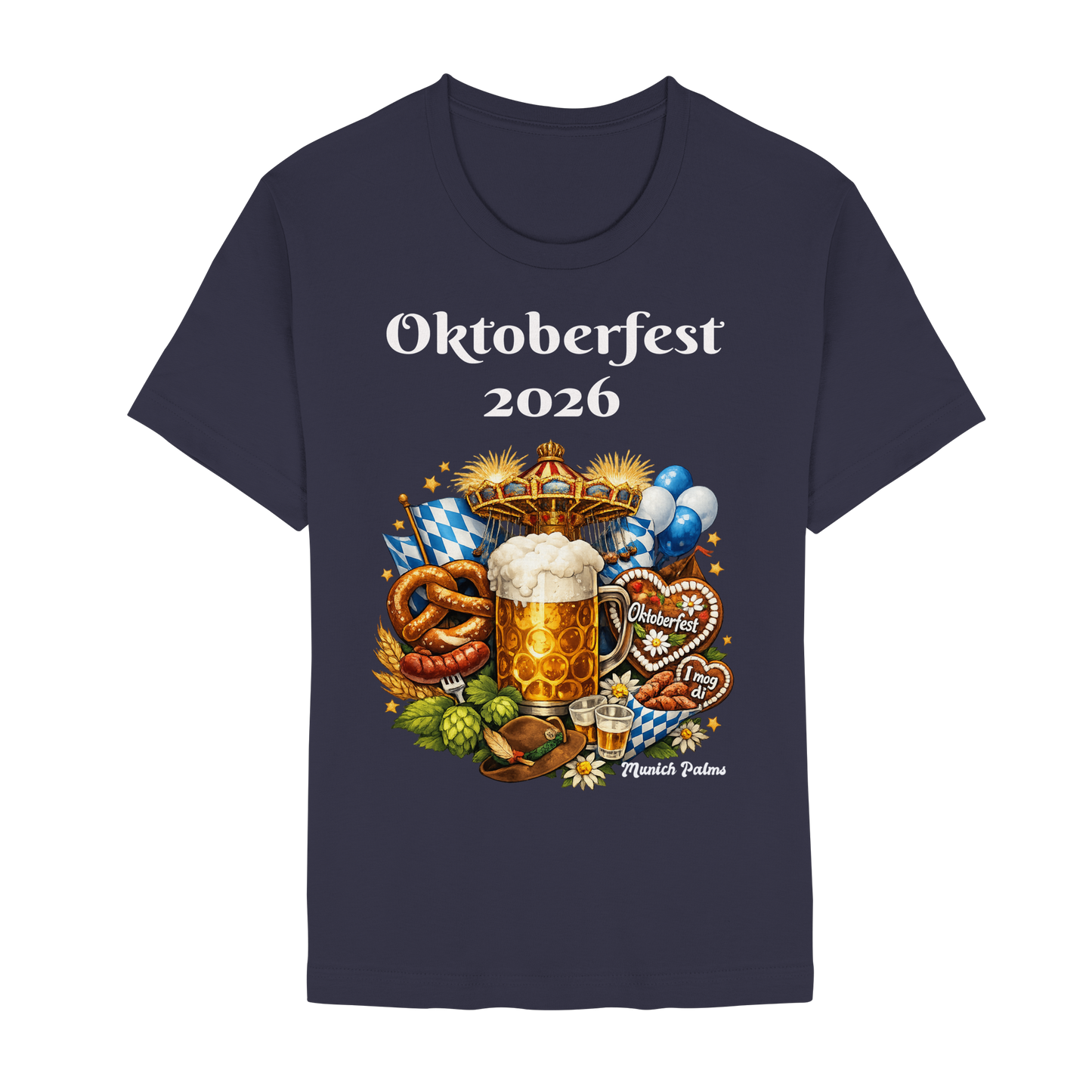 Unisex-Poloshirt mit Oktoberfest 2026 München Design in Navy, hochwertiges Premium-Shirt, vorne sichtbar.