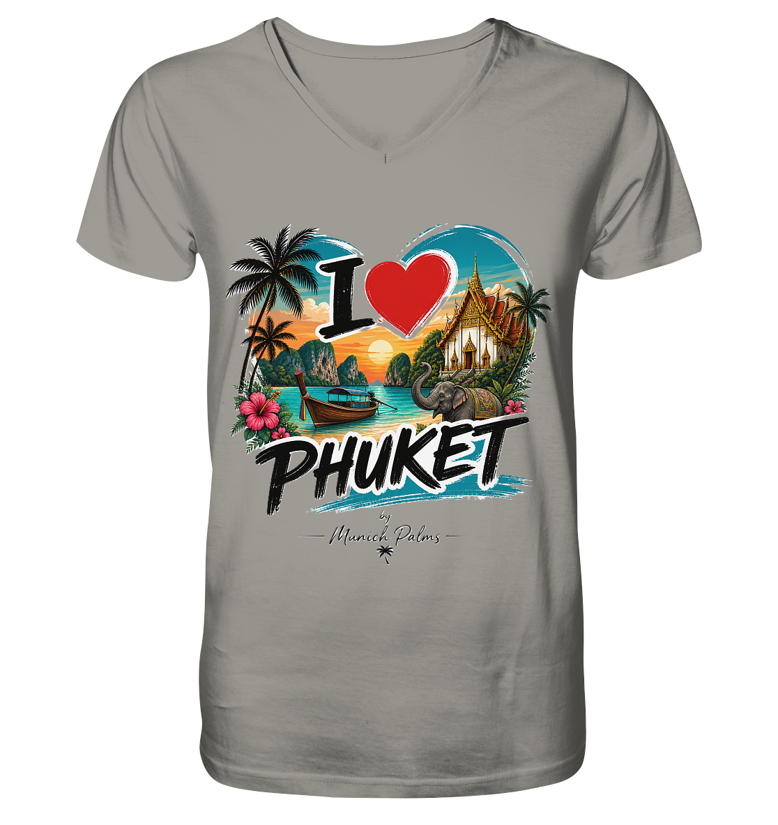 V-Ausschnitt-Shirt „I love Phuket“ von Online Kaufhaus München, vorderes Bild, bequeme Passform, stilvolles Design, Baumwollstoff