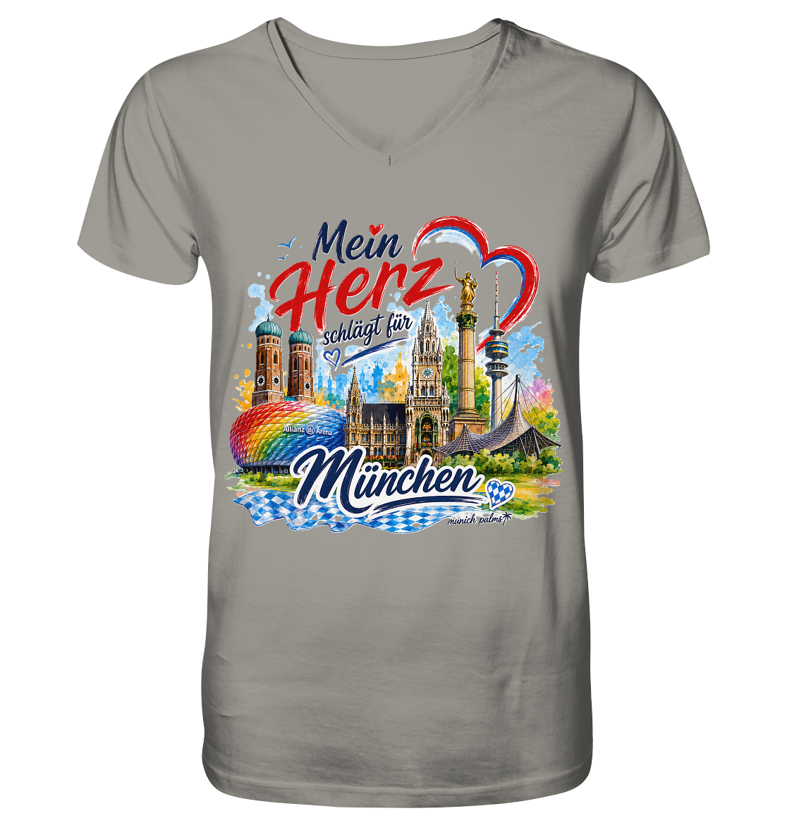 V-Ausschnitt T-Shirt von Munich Palms mit buntem München Design und Wahrzeichen, vorne sichtbar, für Fans der bayerischen Stadt.
