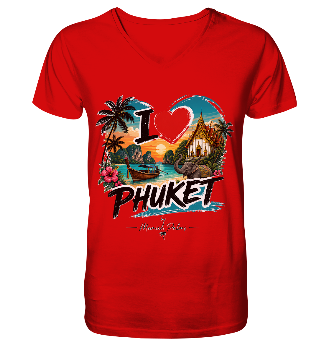 Vorneansicht eines weißen V-Ausschnitt-Shirts mit "I love Phuket" Druck, von Online Kaufhaus München, für Damen und Herren.