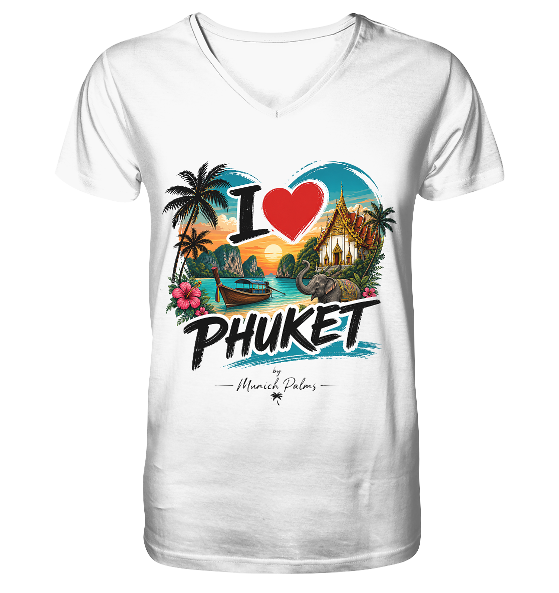 V-Ausschnitt Shirt "I love Phuket" von Online Kaufhaus München, Vorderansicht, bequeme Passform, weiches Material, stilvolles Design