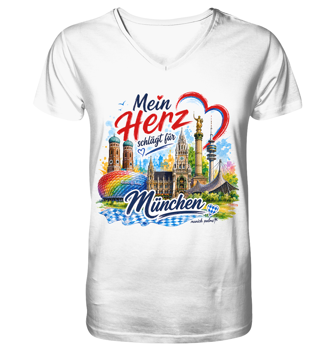 V-Ausschnitt-Shirt von Munich Palms mit buntem München-Motiv und Wahrzeichen, Frontansicht, leuchtende Farben, modernes Design.