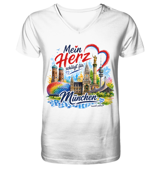 V-Ausschnitt-Shirt von Munich Palms mit buntem München-Motiv und Wahrzeichen, Frontansicht, leuchtende Farben, modernes Design.